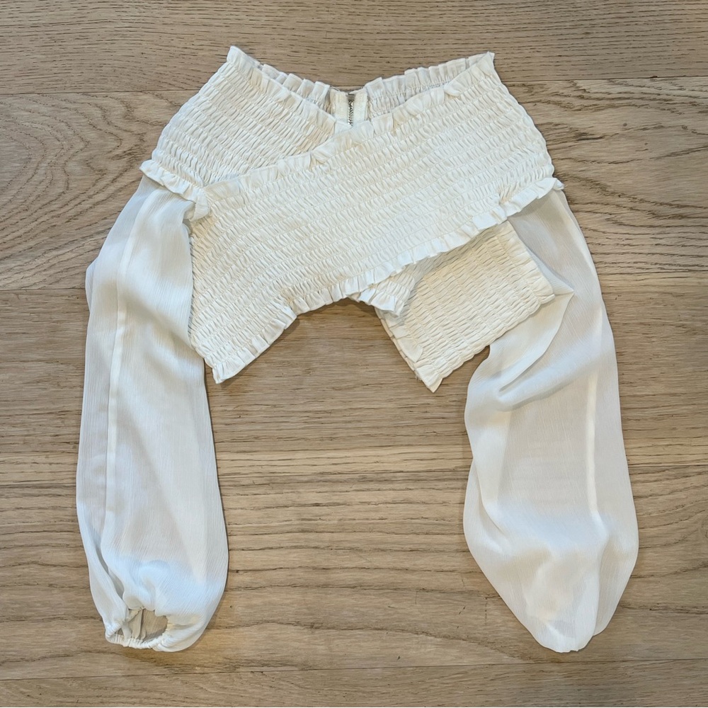 With Jean White Smocked Off-Shoulder Crop Top with Sheer Bishop Sleeves
